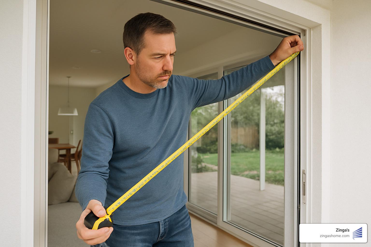 homeowner measuring a patio door for screen installation - screens for sliding patio doors