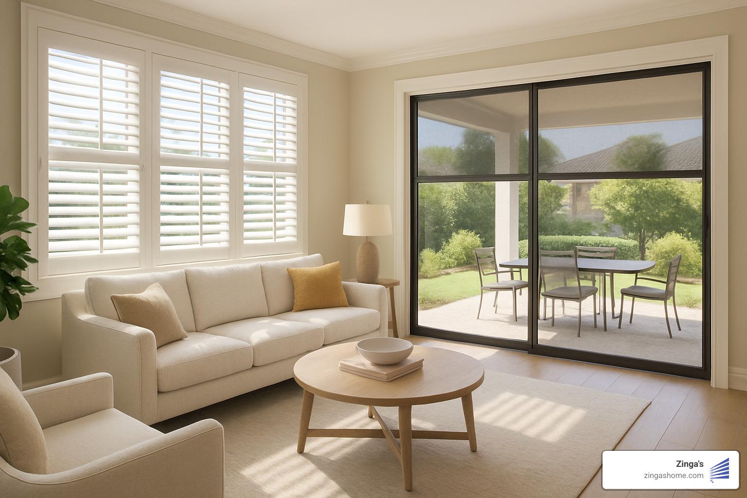 Transformed indoor living room with plantation shutters flowing seamlessly to outdoor patio with motorized screen shades - dfw window treatments