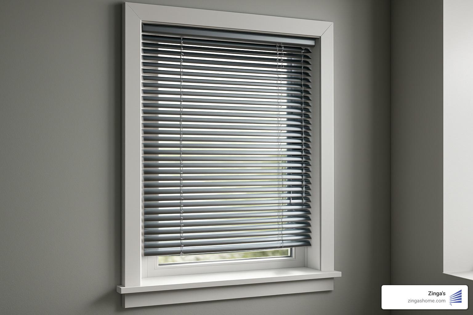 slim aluminum mini blinds on a small window - eco friendly window blinds