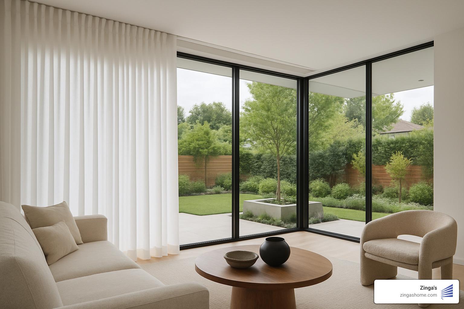 custom ripple-fold drapery spanning a wall of glass - modern drapery