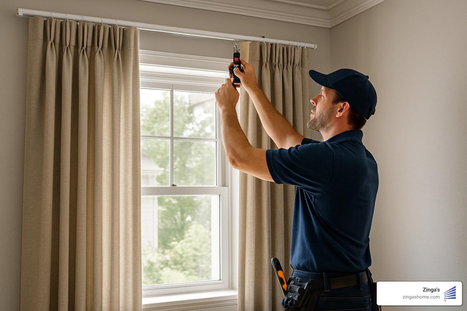 professional installer finishing installation of pinch-pleat drapery panel - drapery consultation