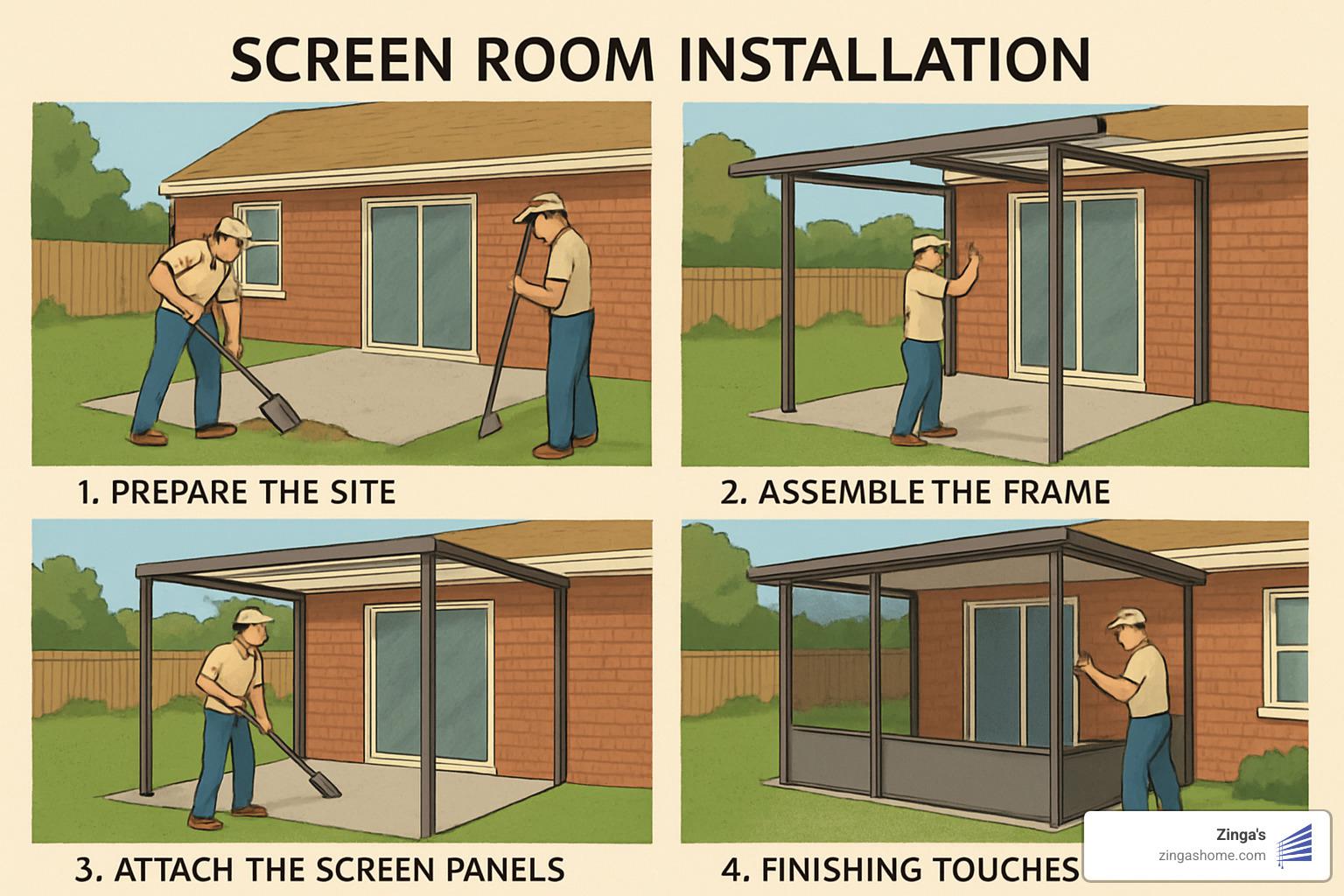 step-by-step installation process illustration - custom screen rooms