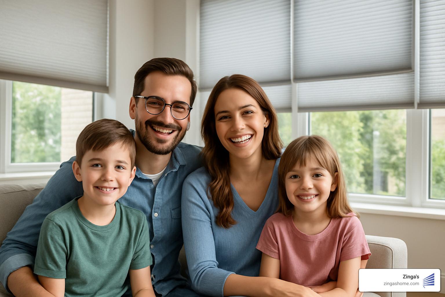 happy family with new contemporary window treatments - contemporary window treatments