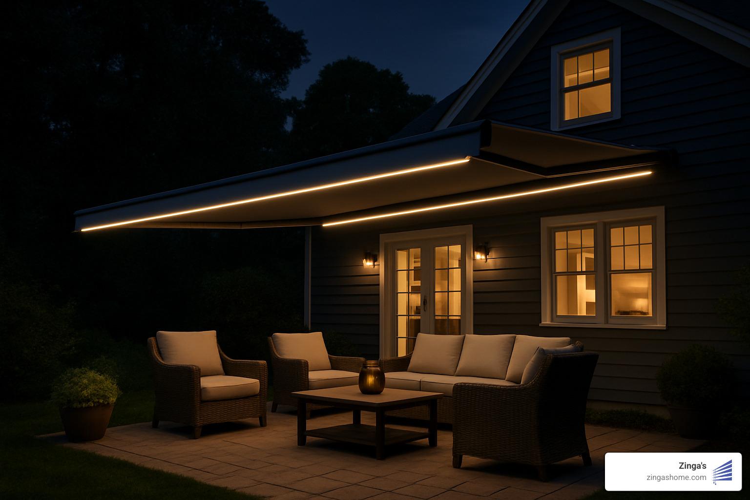 Retractable awning with LED lighting at night - retractable awnings