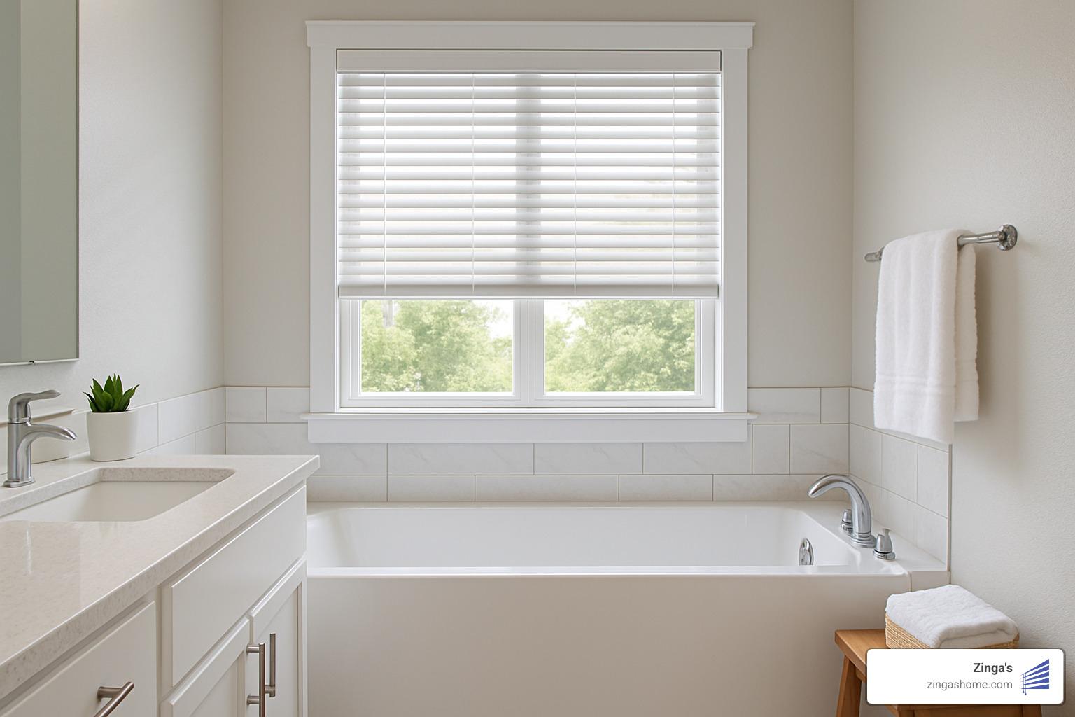 faux wood blinds in bathroom near bathtub - bathroom window blinds ideas