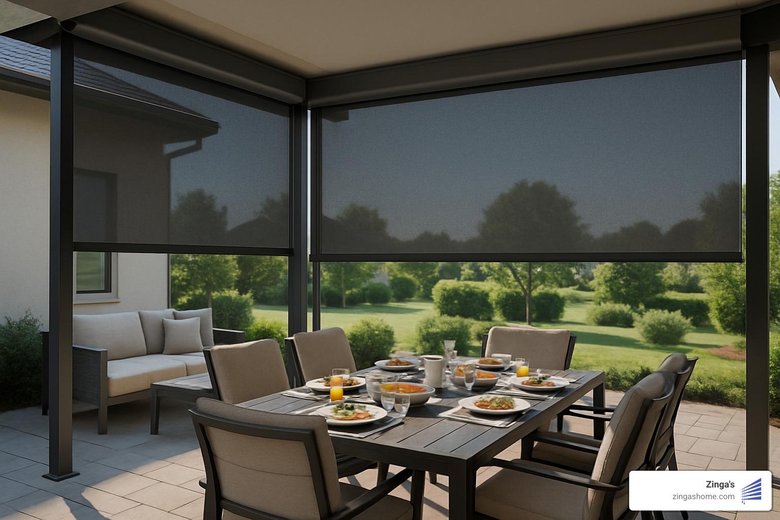 Outdoor patio with motorized shades creating comfortable shaded dining area - motorized shades for patios