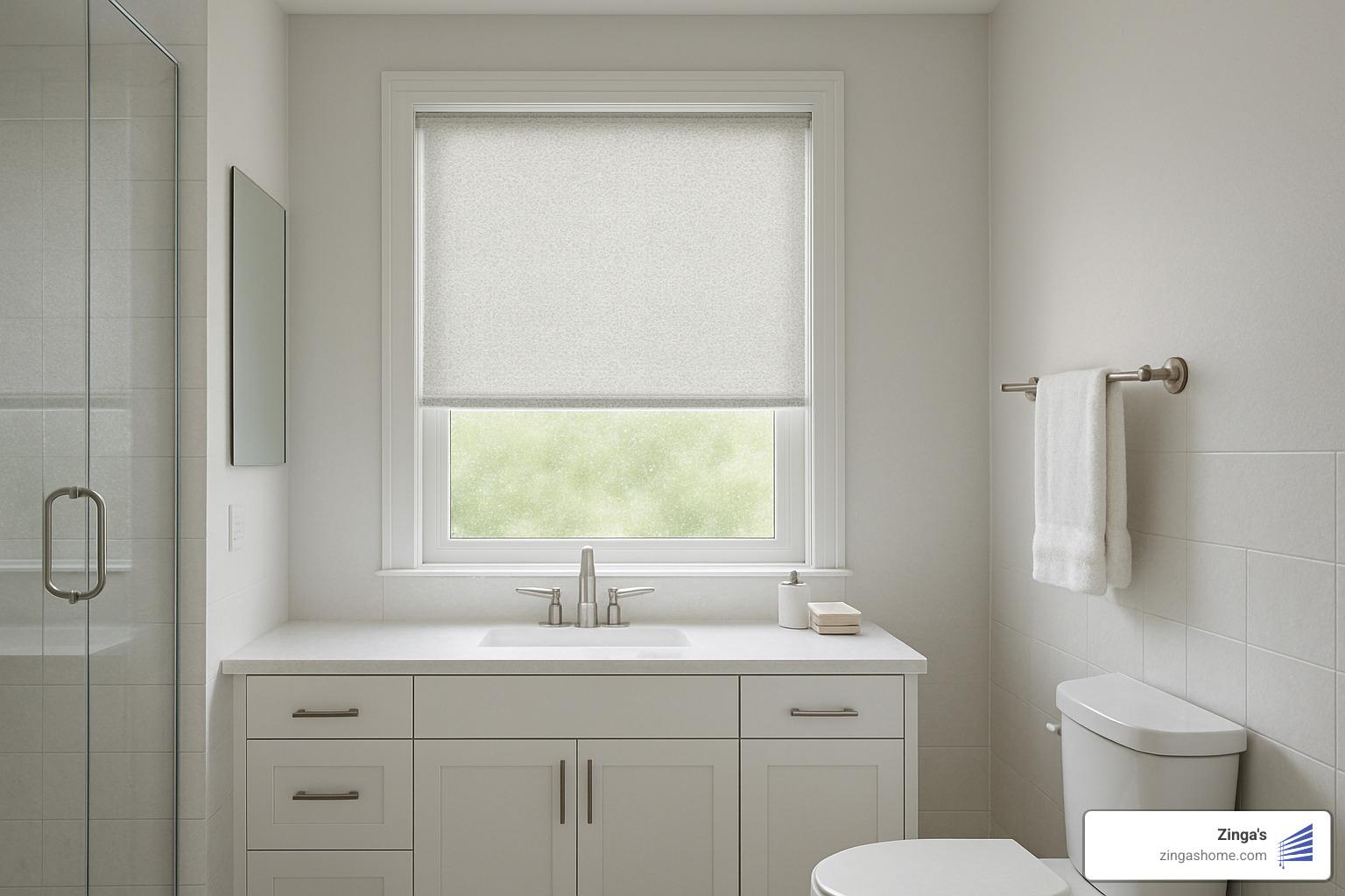 patterned vinyl roller shade in modern bathroom - bathroom window blinds ideas