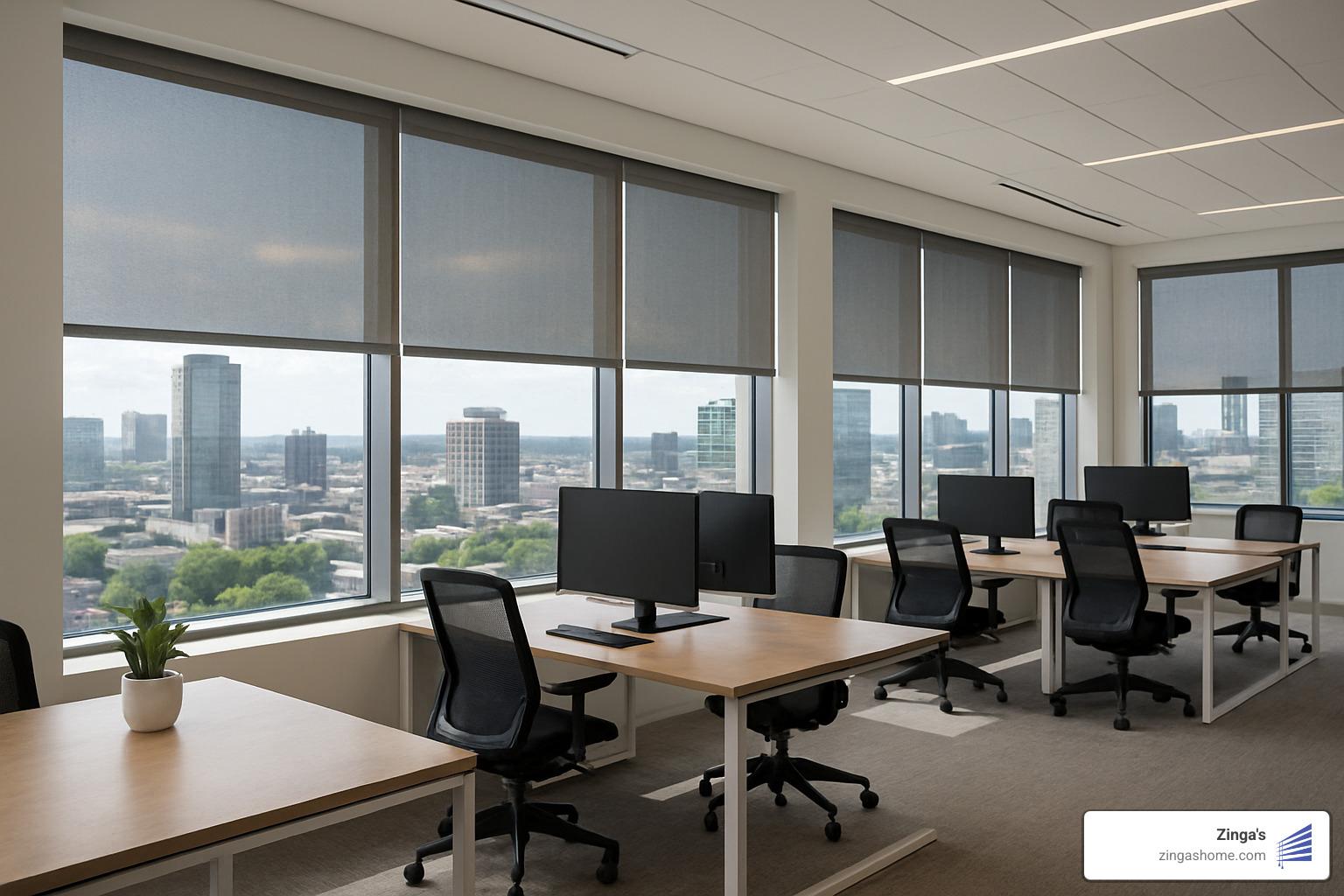 office space with solar screen shades - eco friendly window blinds