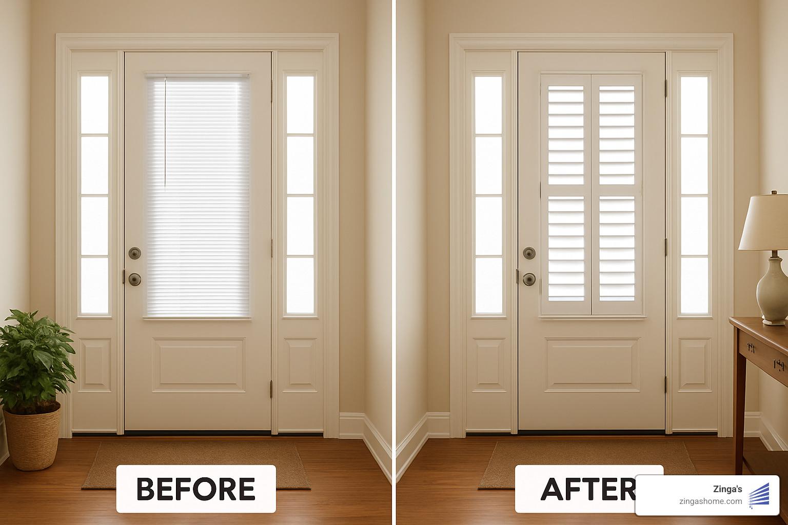 before and after comparison of front door with basic blinds versus neat plantation shutters - plantation shutters for front door
