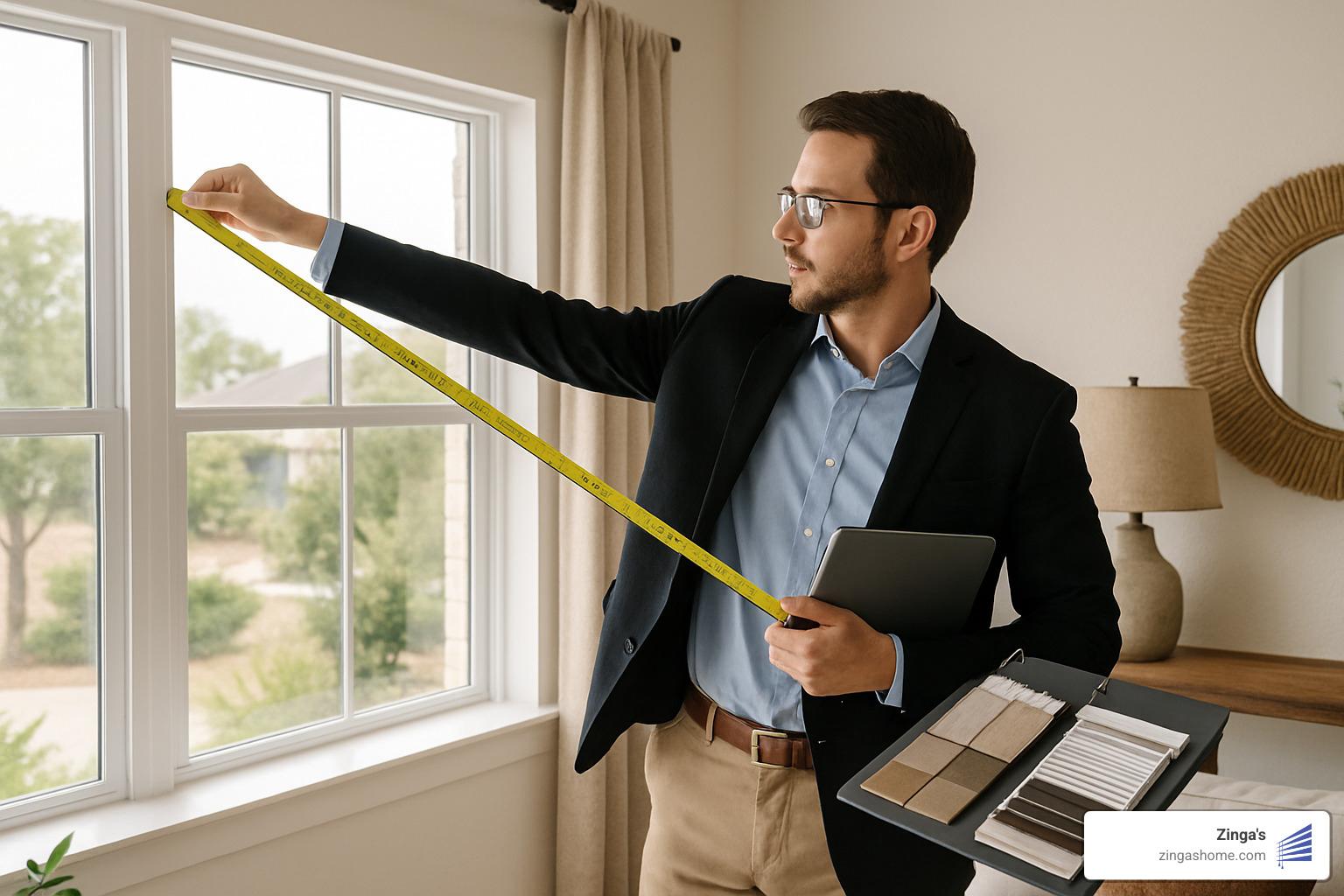 Professional design consultant measuring windows during in-home consultation in Dallas area home - dfw window treatments