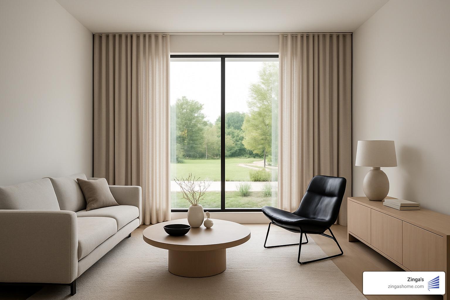 contemporary living room with ceiling-mount drapes - modern drapery