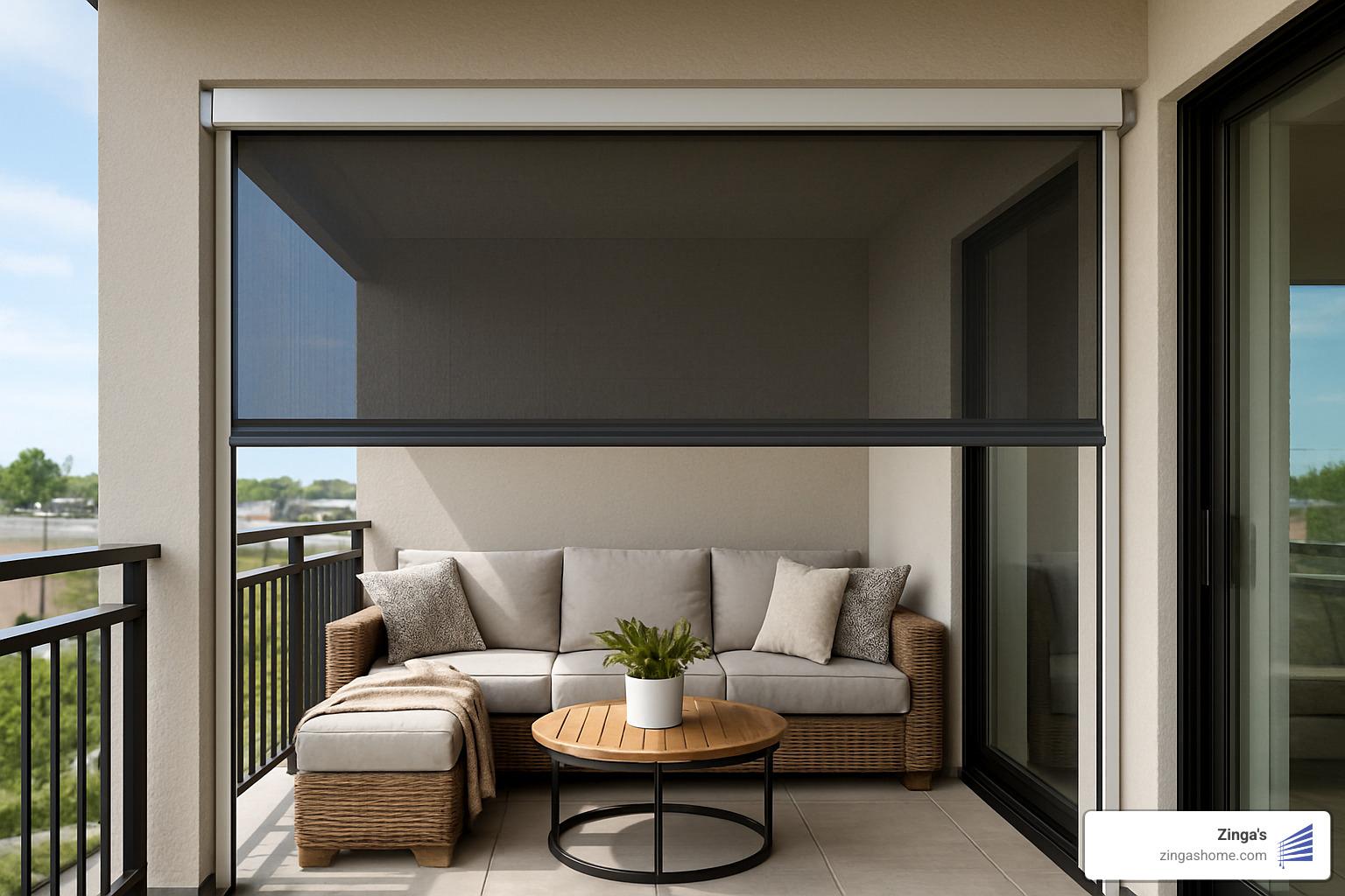 motorized drop-down screen on balcony - mosquito screen for balcony