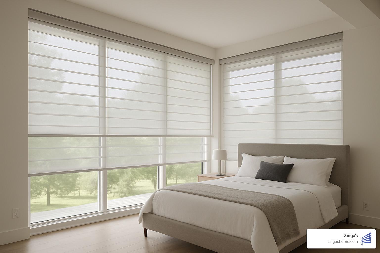 motorized sheer window shadings in modern bedroom - contemporary window treatments