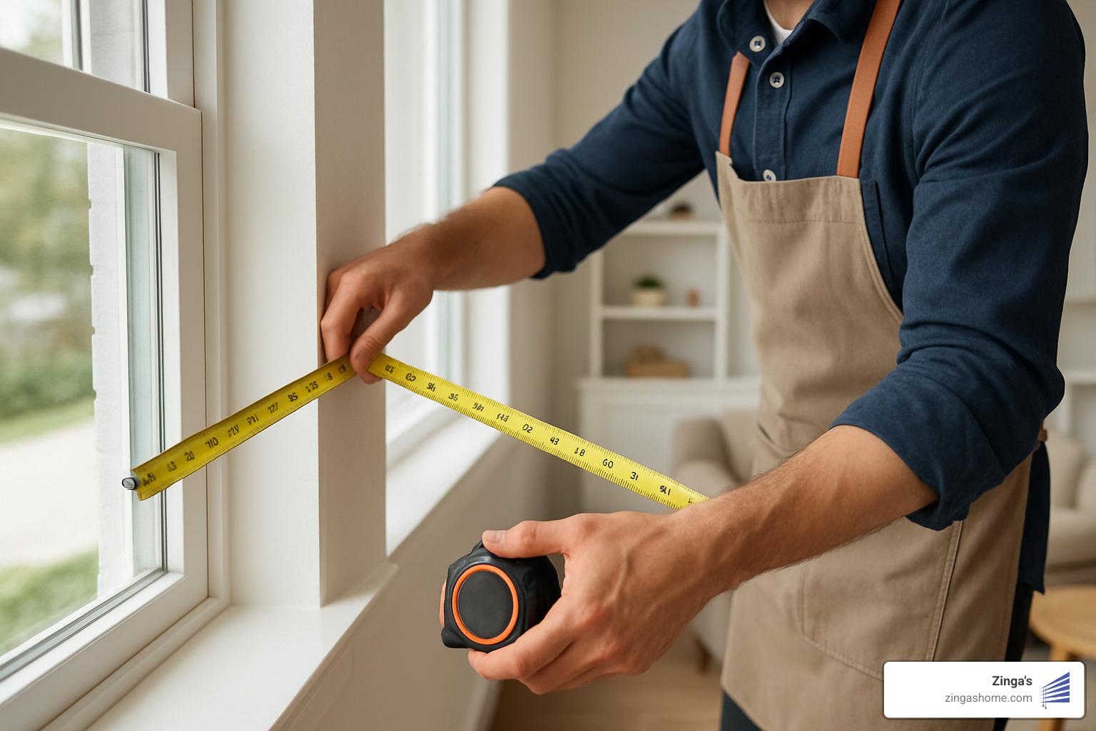 designer taking precise window measurements with measuring tape - plantation shutter