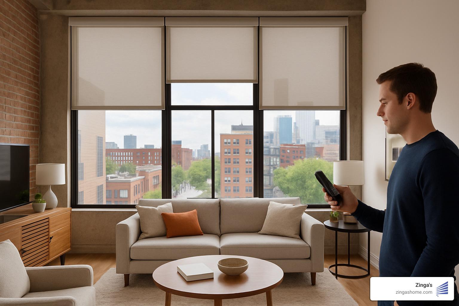 Remote-controlled motorized shades in modern loft - sun blocking window blinds