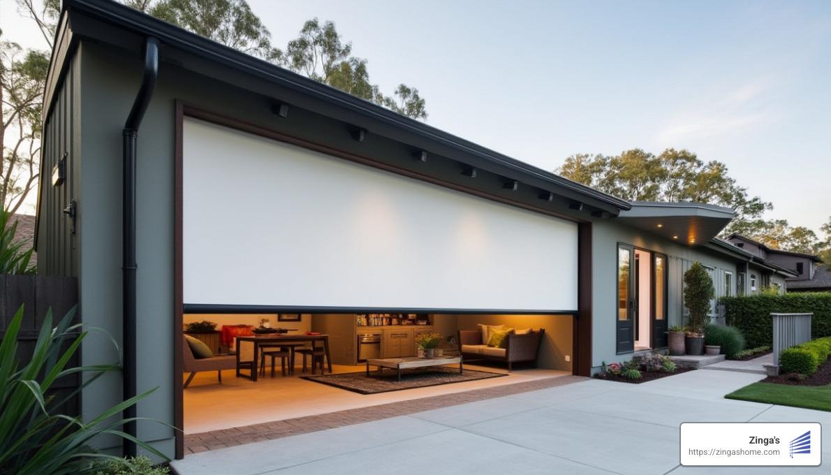 motorized garage screen creating indoor-outdoor living space - motorized garage screens