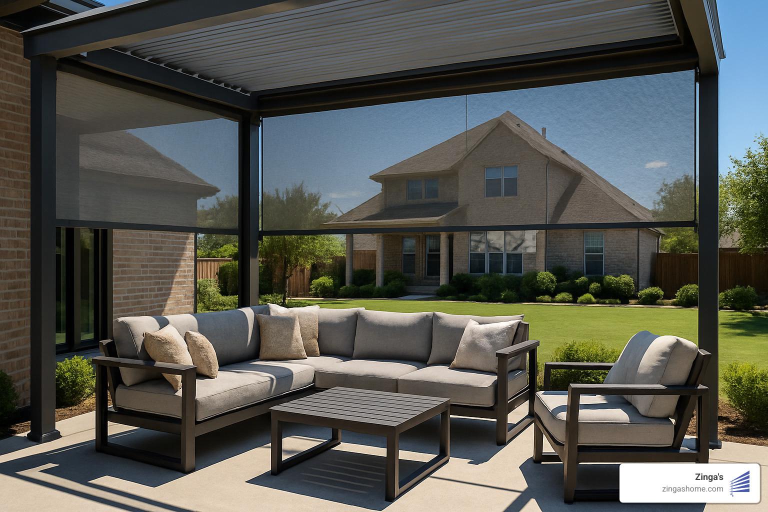 Dallas patio with motorized shades partially lowered - motorized patio shades dallas