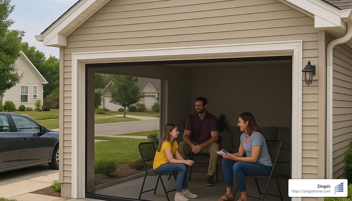 motorized screen installed on a garage door opening - motorized screens