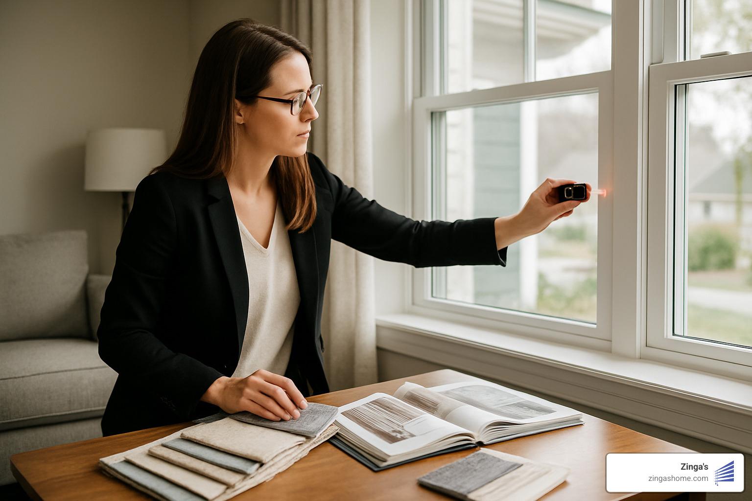 designer measuring window with laser tool - drapery consultation