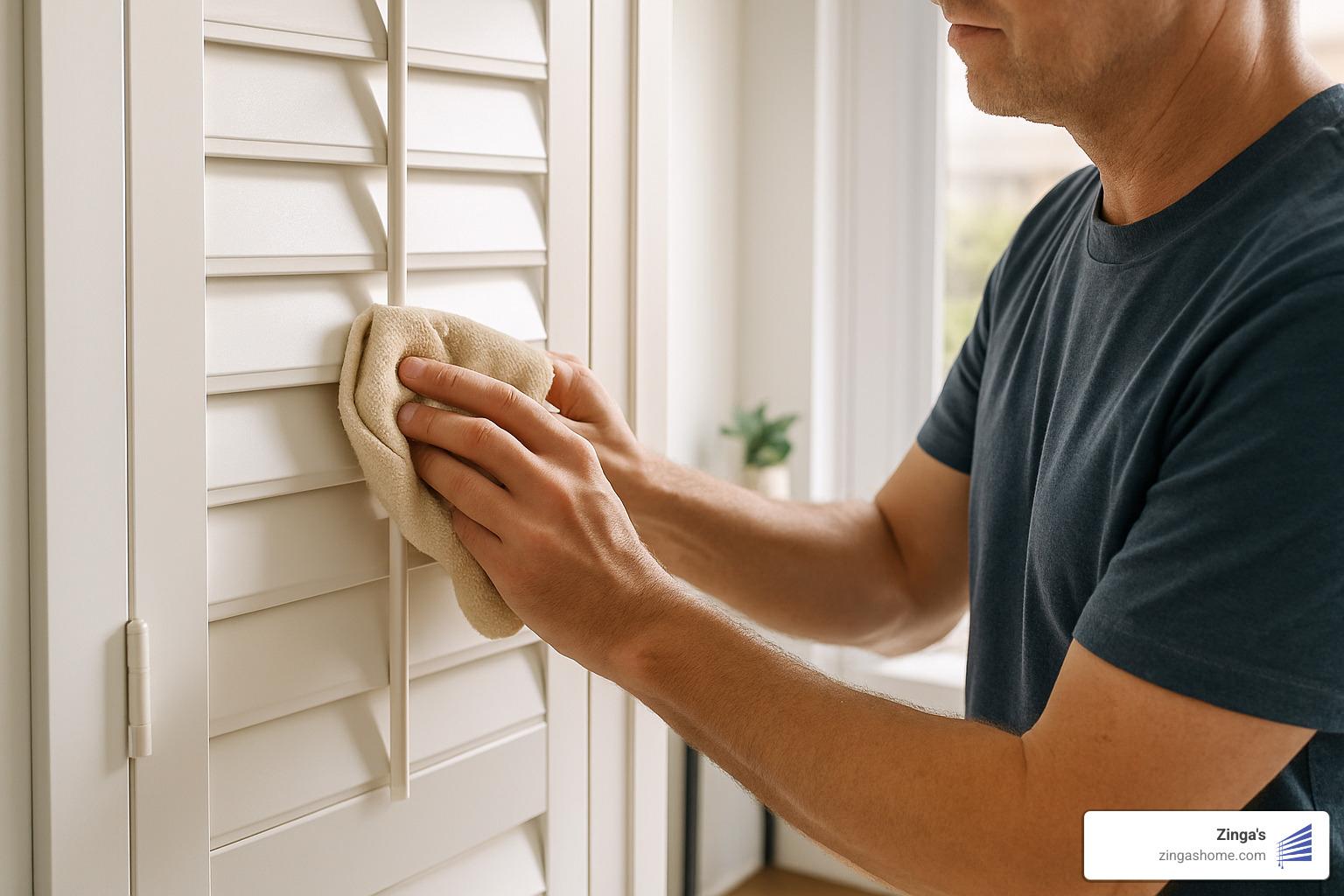 homeowner cleaning louvers on door shutters - door shutters interior