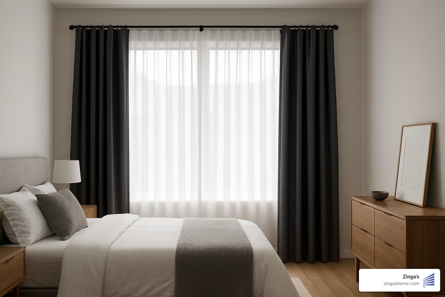 layered sheer and blackout panels in a bedroom - modern drapery