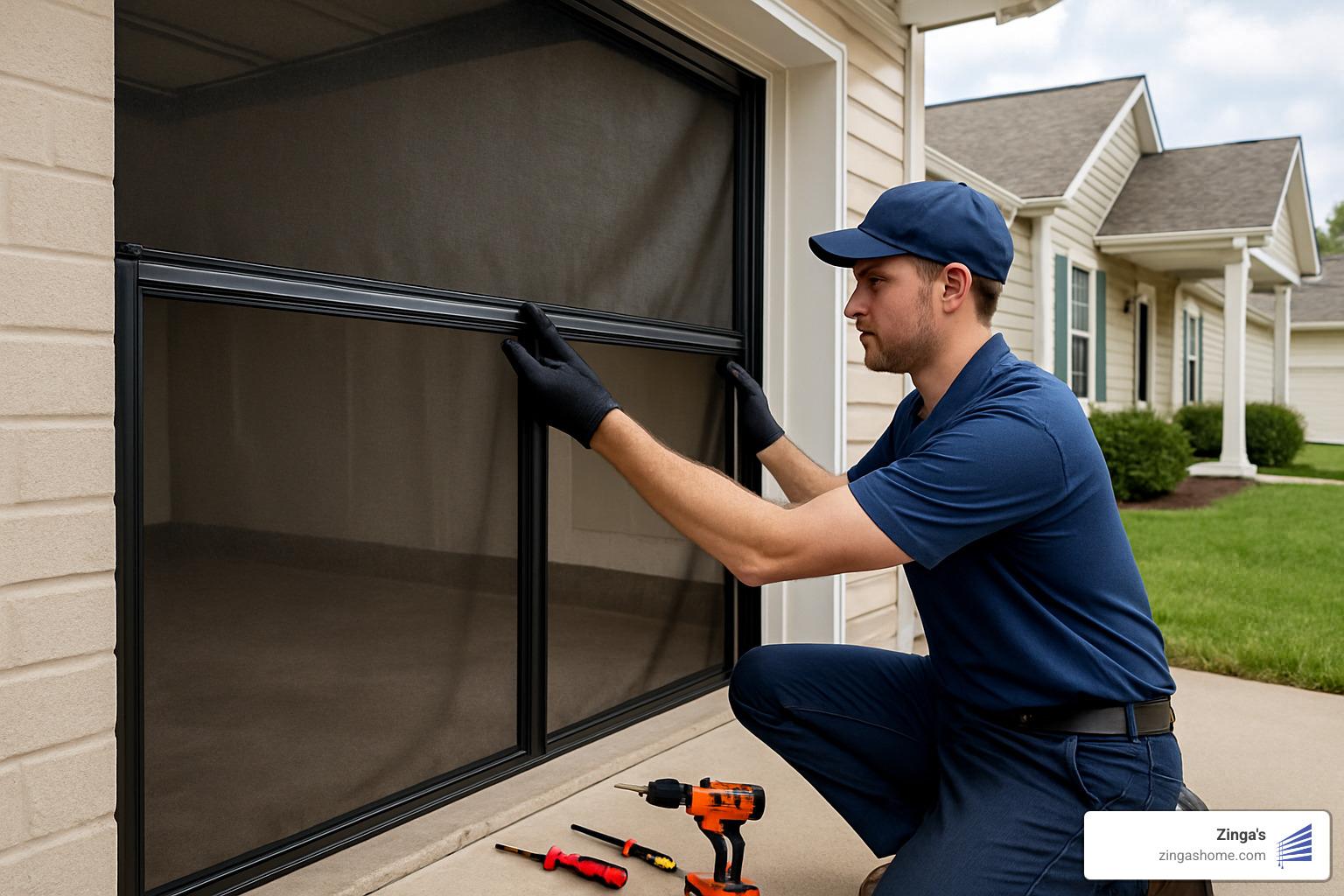 technician installing automatic garage door screen - automatic garage door screen