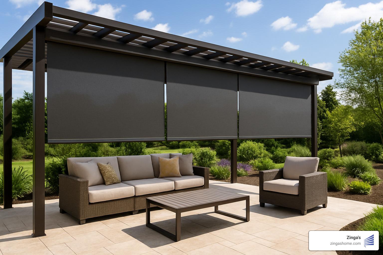 Large patio installation showing custom-sized motorized shades covering wide span - motorized shades for patios
