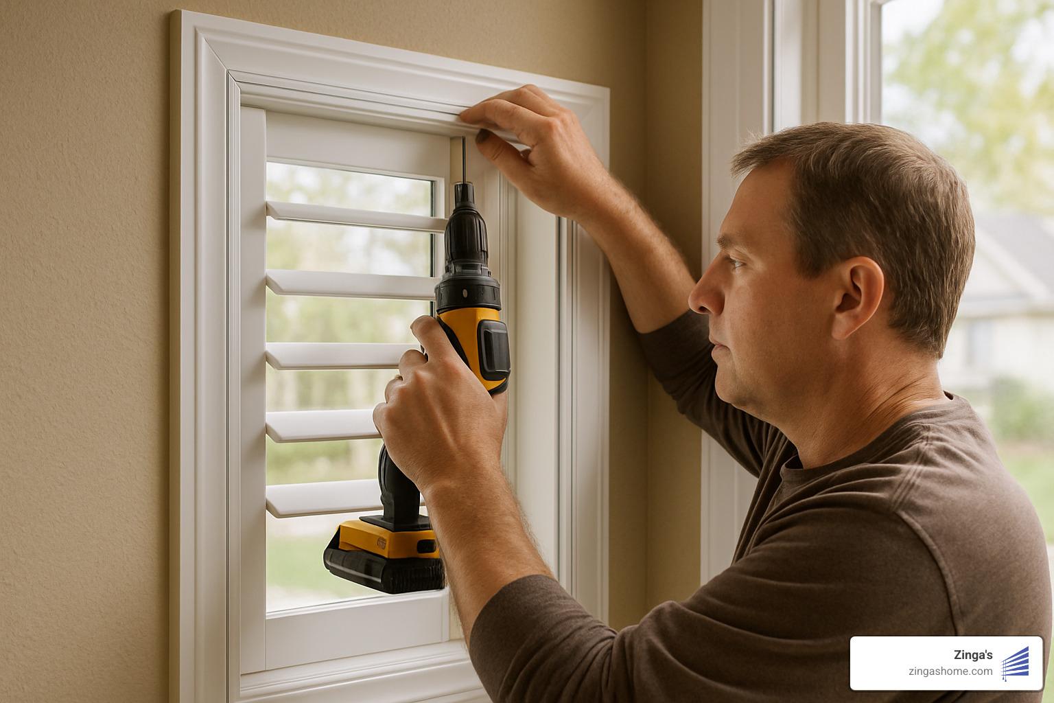 homeowner installing plantation shutter frame with tools - plantation shutter