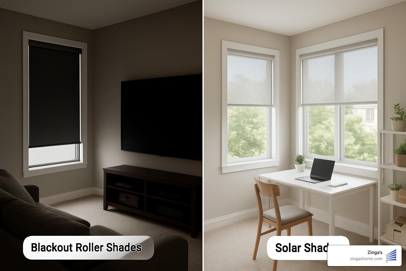 Side-by-side comparison of different rooms with appropriate sun blocking window treatments - sun blocking window blinds