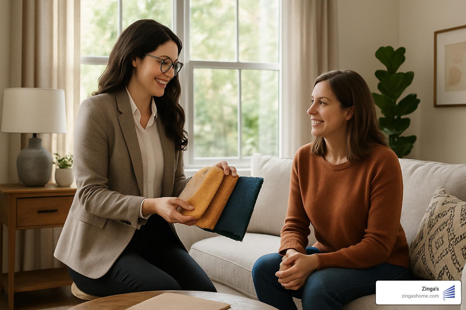 interior designer showing fabric samples to homeowner by window - drapery consultation