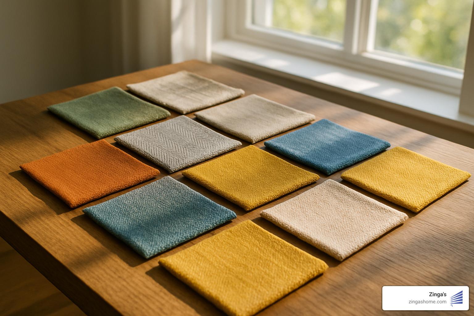 various fabric swatches arranged near a window - drapery consultation