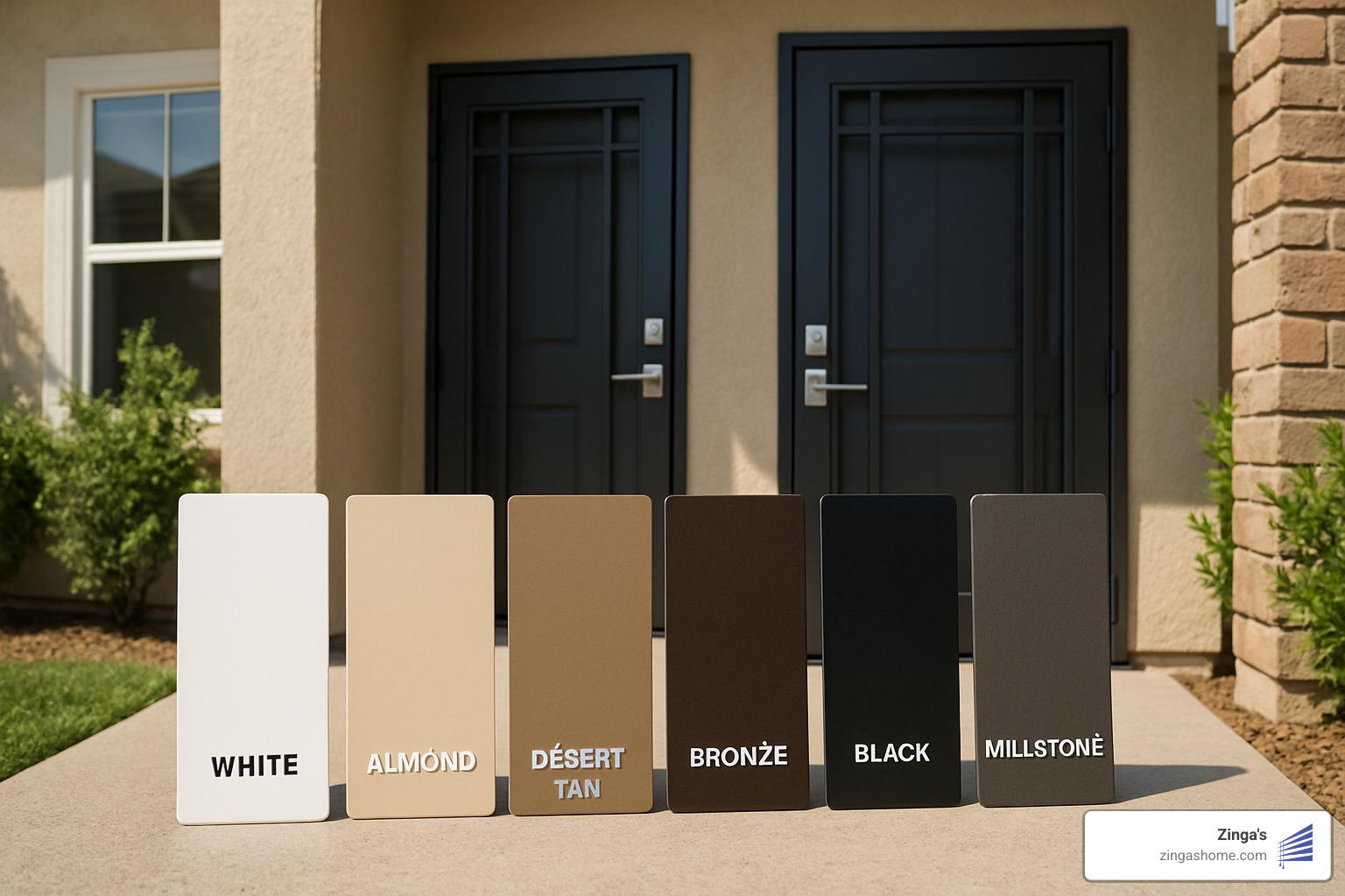 Color swatch options showing various powder-coat finishes for security door frames - sliding patio security doors