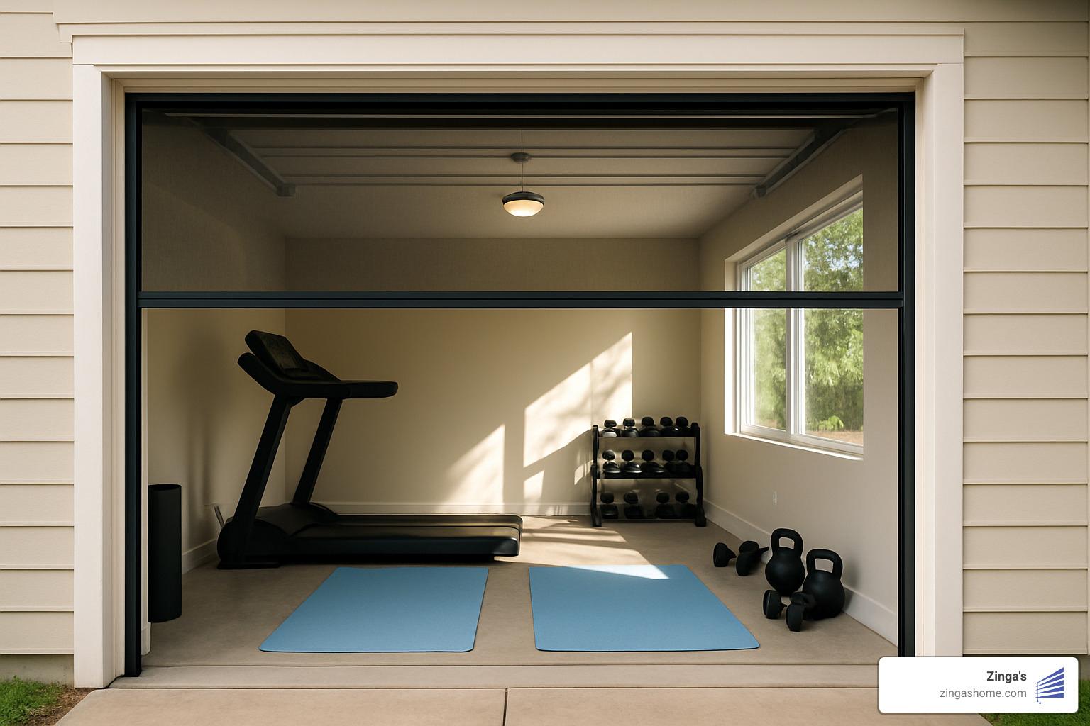garage converted to fitness studio with automatic screen - automatic garage door screen