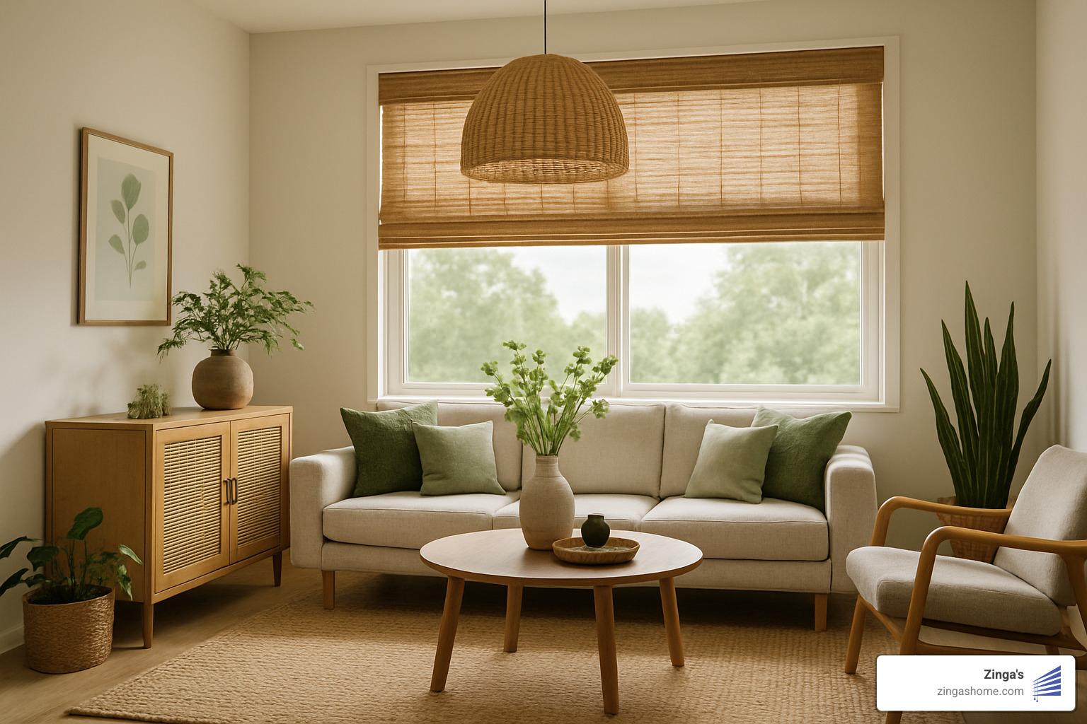 bamboo roman shade in a modern living room - eco friendly window blinds