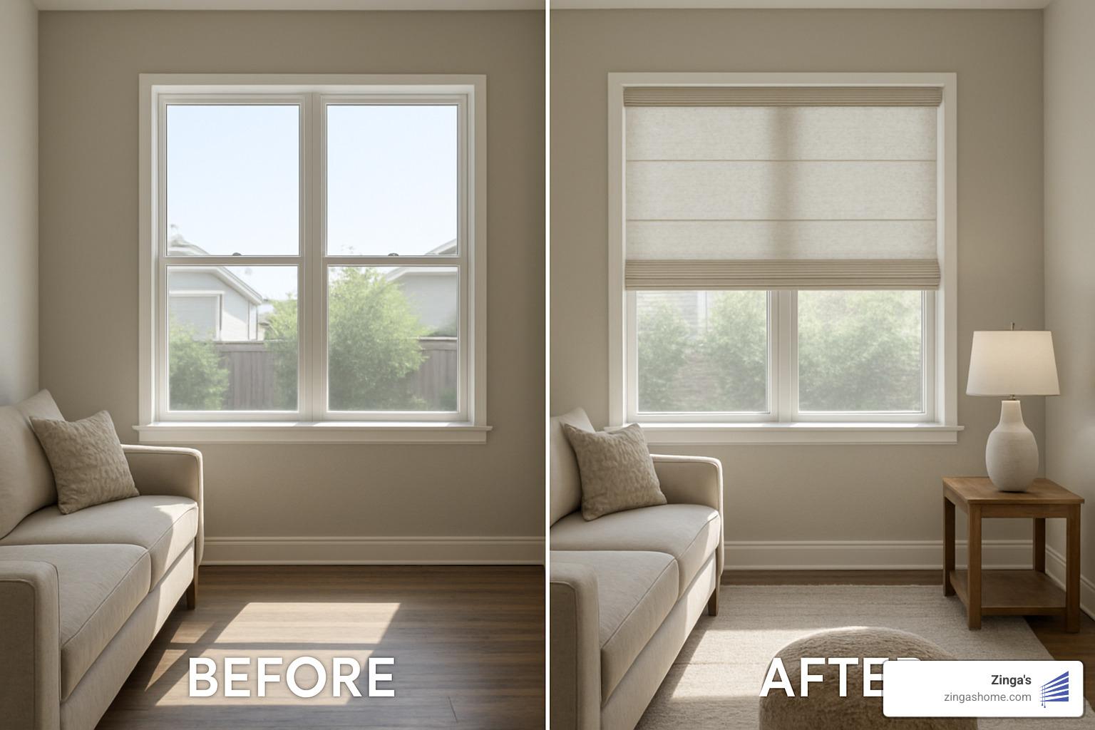 before and after window makeover with decorative roller shades - decorative roller window shades