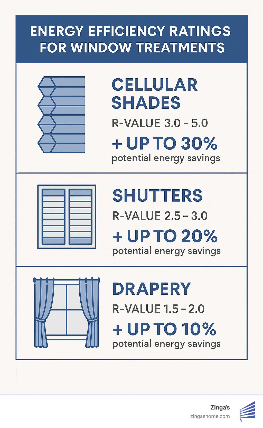 Energy efficiency ratings for different window treatment types showing cellular shades, shutters, and drapery with their R-values and potential energy savings - contemporary window treatments infographic 