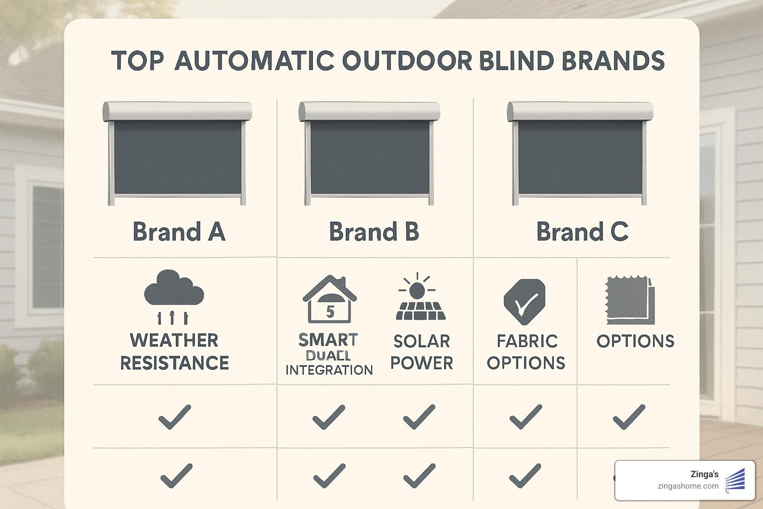 Comparison of top automatic outdoor blind brands showing key features and specifications - automatic outdoor blinds