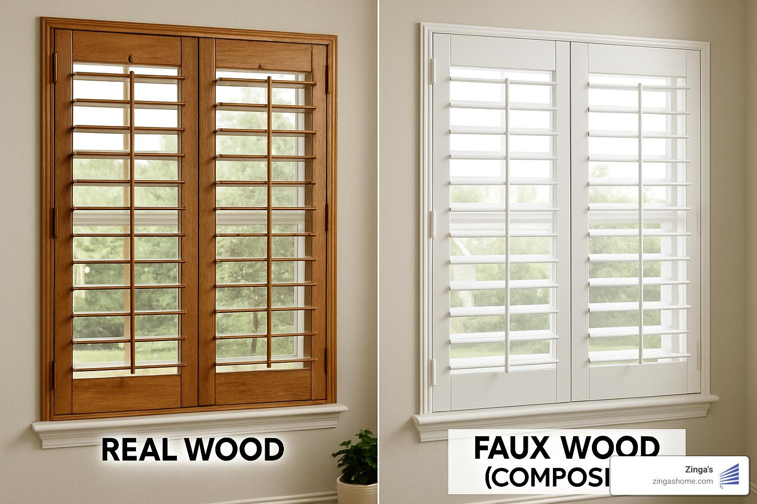 wood vs faux wood shutters side by side comparison - plantation shutter
