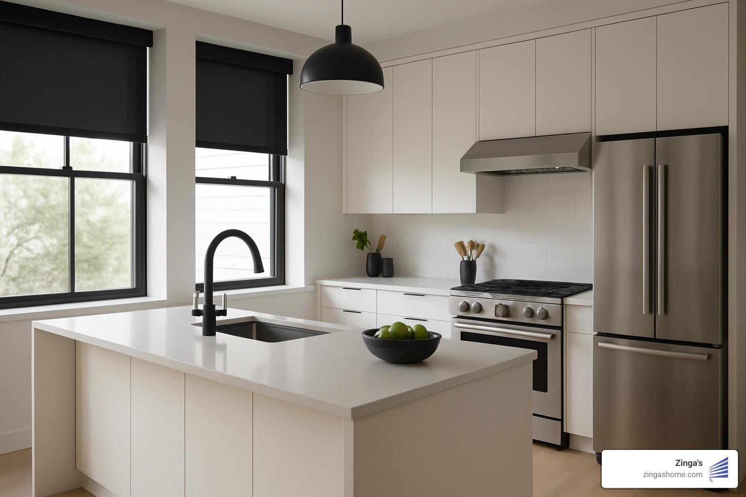 modern kitchen with sleek black roller shades - kitchen window blinds ideas