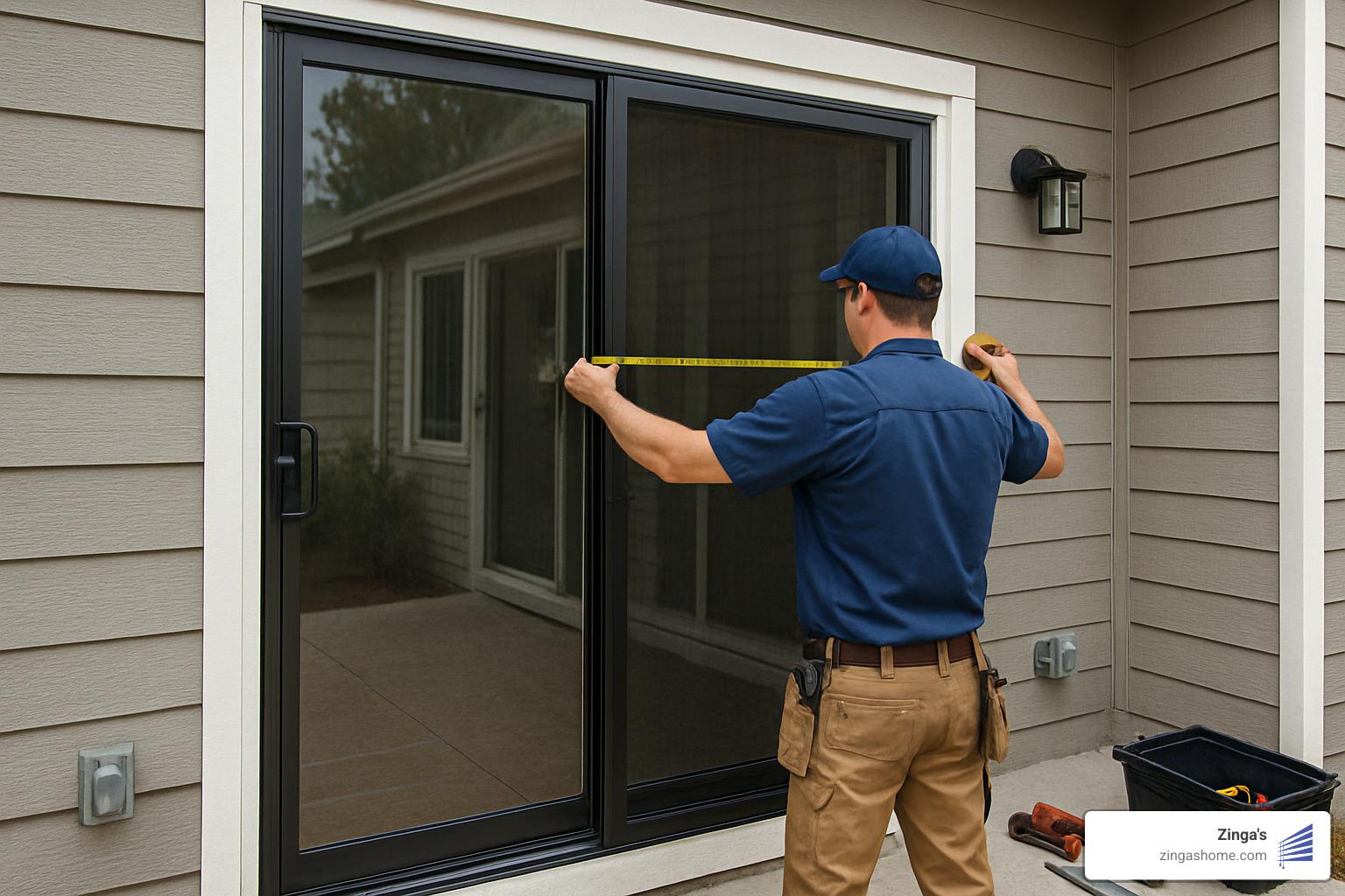 Professional installer measuring and installing a sliding patio security door - sliding patio security doors