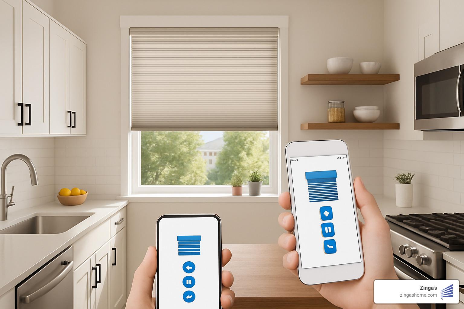 motorized cellular shade on tall kitchen window - kitchen window blinds ideas