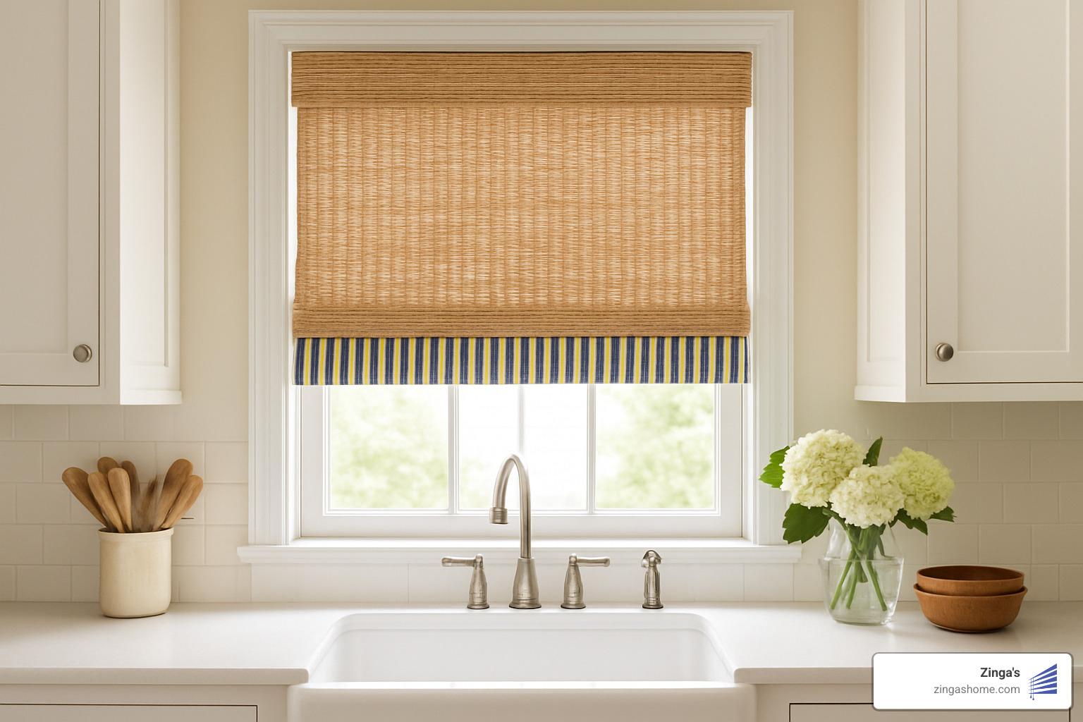 DIY project showing store-bought woven shade with added striped fabric trim - kitchen window blinds ideas