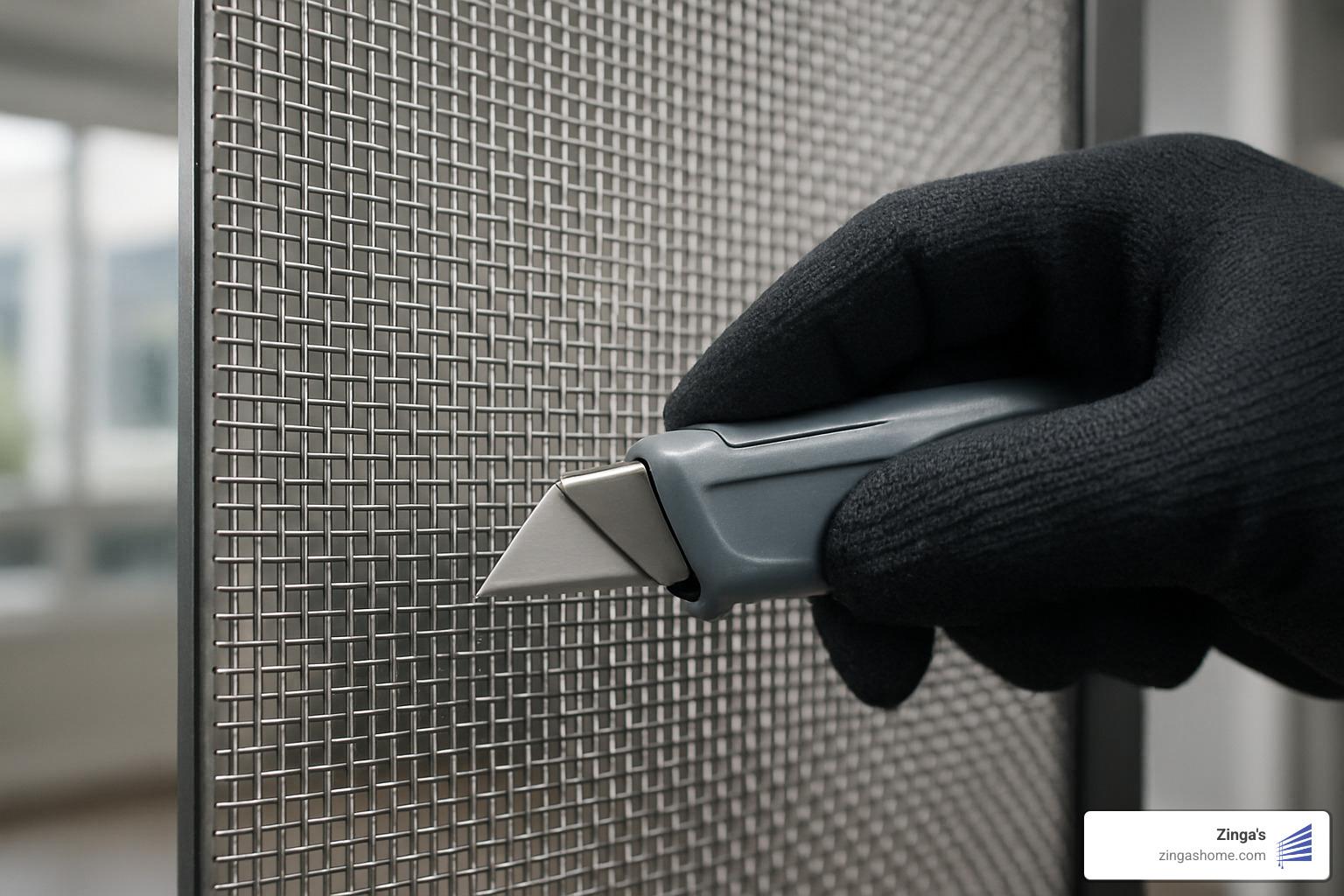 Close-up image of stainless steel mesh being tested for cut resistance - sliding patio security doors