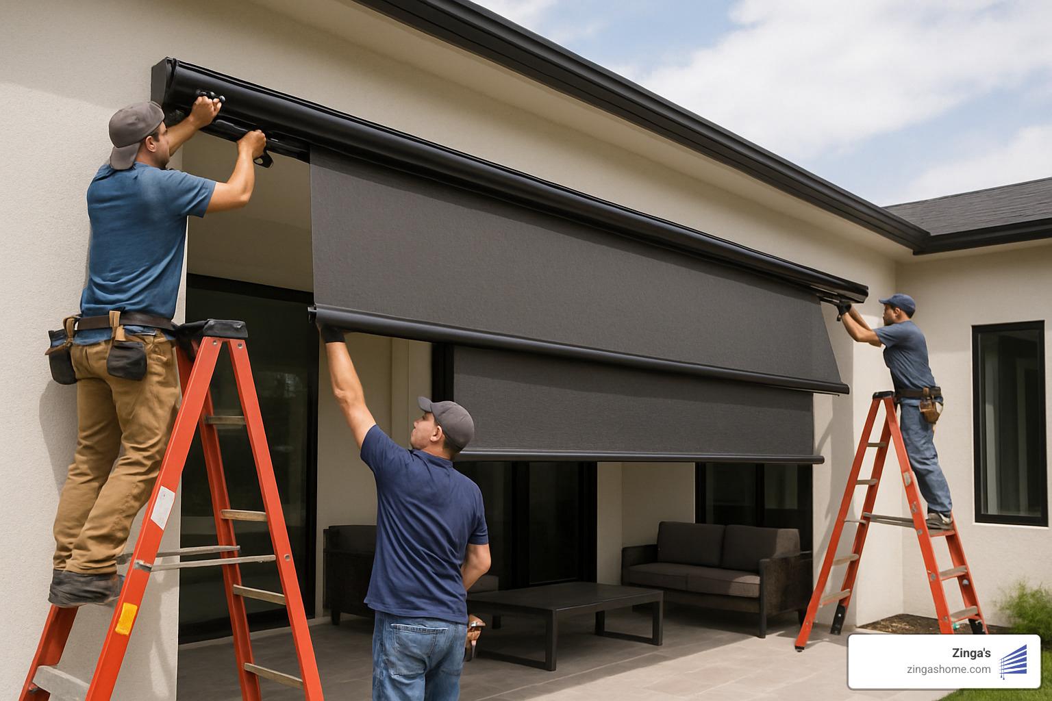 Professional installation team mounting motorized patio shade system - motorized shades for patios