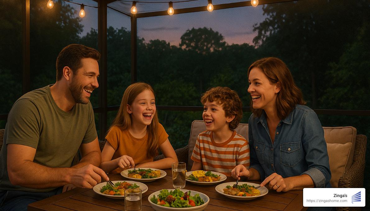 family enjoying dinner on screened patio - mosquito mesh for patio