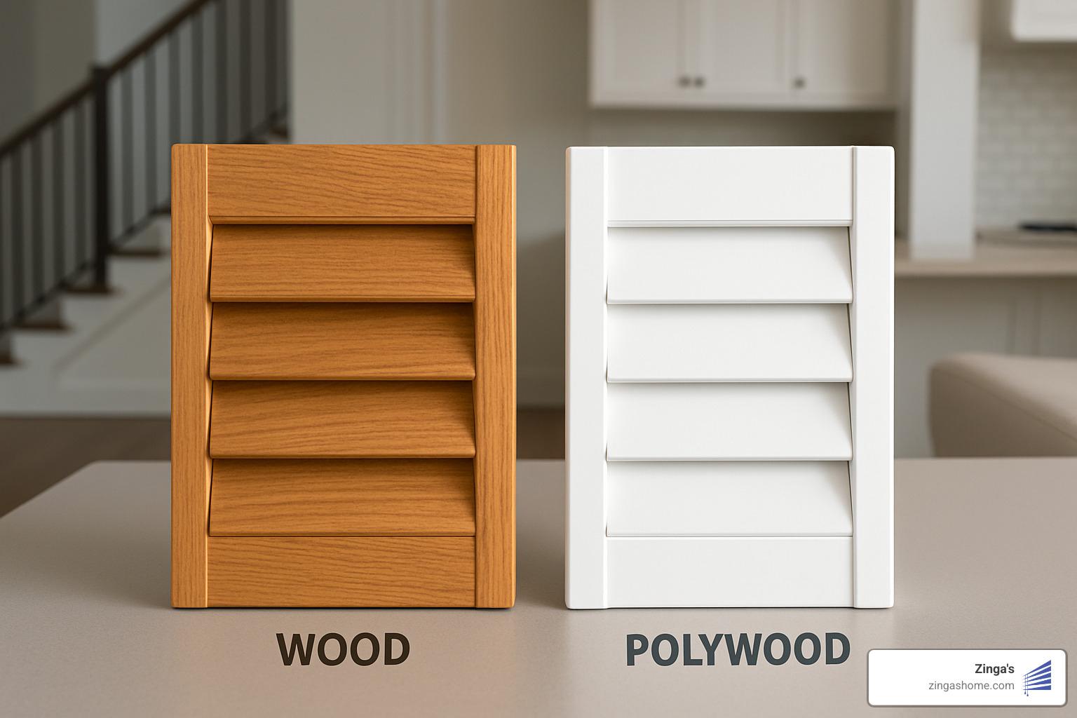 wood and polywood shutter samples displayed side by side - plantation shutter co