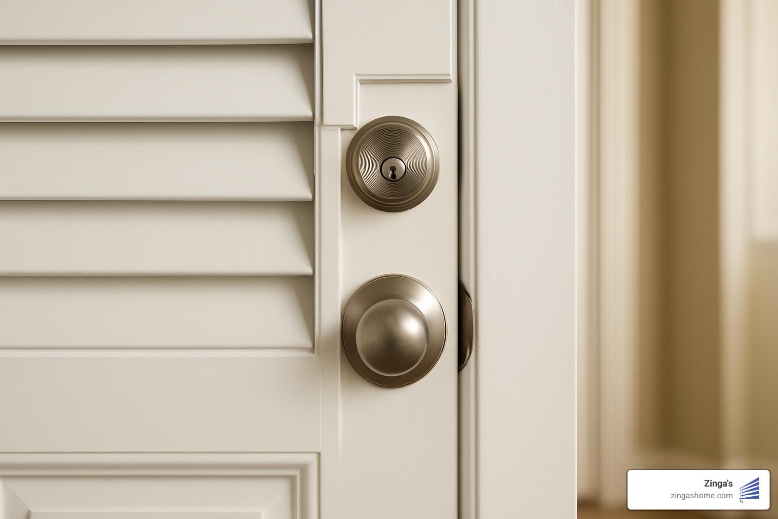 custom cutout around door knob showing precise fit and professional finish - plantation shutters for front door