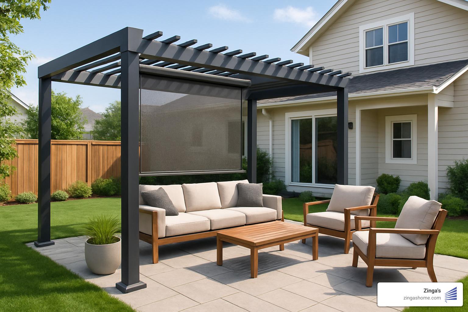 motorized retractable patio screen extending from pergola - automatic privacy screen