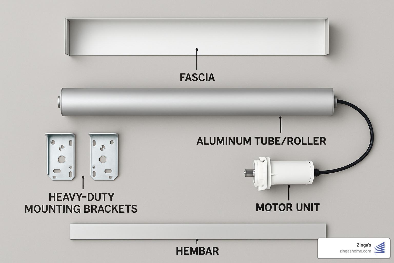 Commercial roller shade components showing tube, brackets, hembar, motor and fascia systems - commercial roller window shades