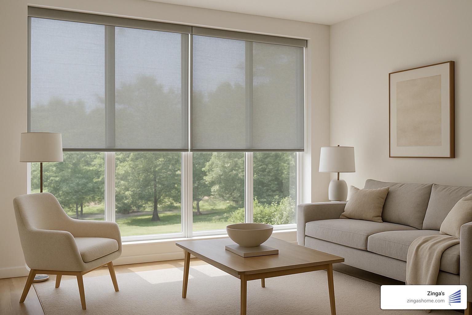 modern solar roller shades in living room - contemporary window treatments